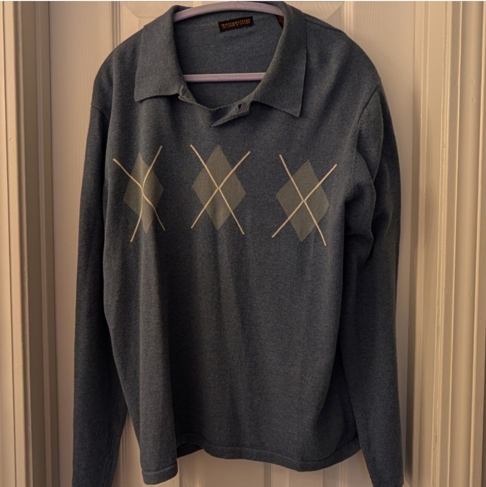 Lord & Taylor Blue V-Neck Sweater with Argyle Pattern
